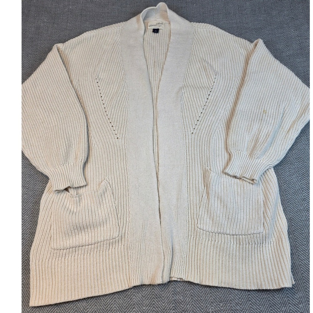 Universal Thread Cream Cotton Shaker Stitch Open Front Cardigan Sweater M Pocket